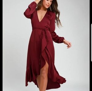 Philicia Burgundy Satin Midi Wrap Dress
